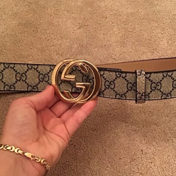 Gucci Gray/Navy Blue GG Supreme Canvas GG Buckle Belt Unisex - Picture 4 of 9
